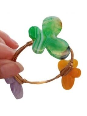 Butterfly Polished Stone & Copper Wire Wrapped Bangle Bracelet | EUC